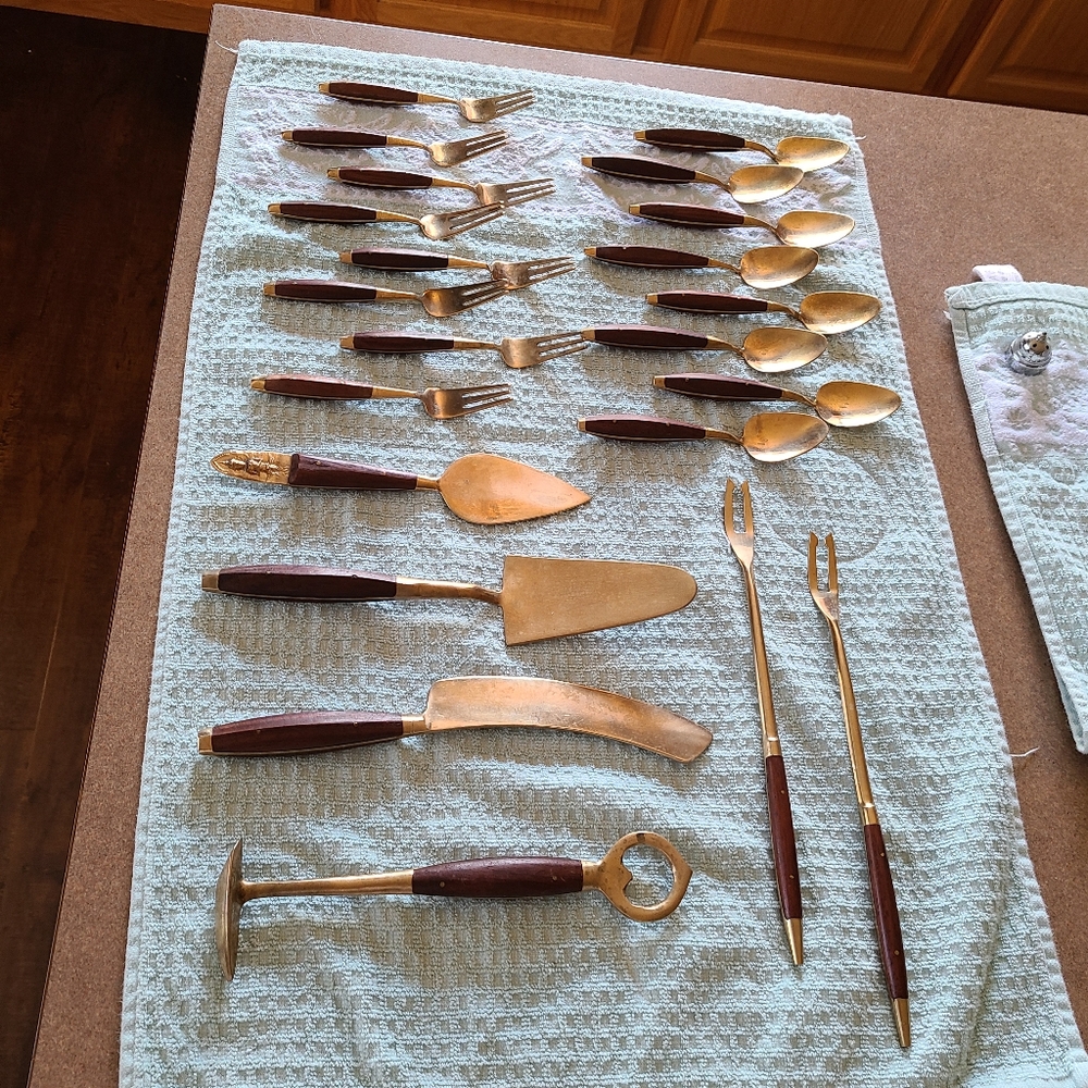 22 piece Thai wood and brass appetizer/dessert set